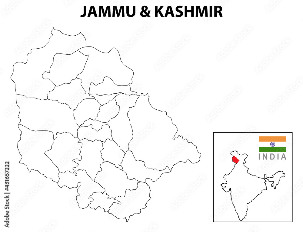 Jammu and Kashmir map. District map of Jammu and Kashmir. Outline map of Jammu and Kashmir. Blank and white map.