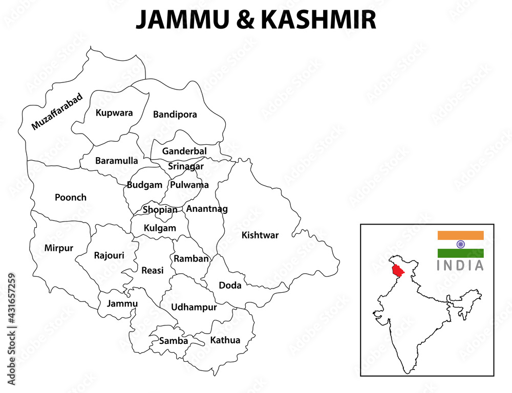 Obraz Mapa dystryktu Dżammu i Kaszmiru. Mapa Dżammu i Kaszmiru z dzielnicą i stolicą w kolorze białym.