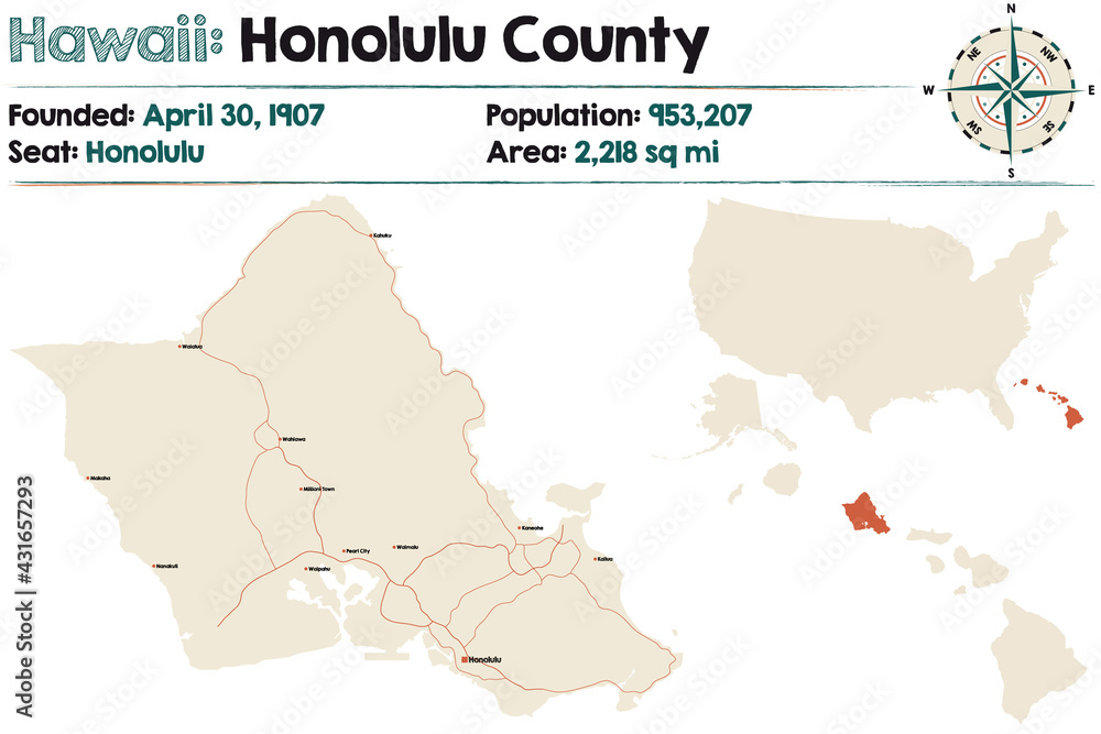 Large and detailed map of Honolulu county in Hawaii, USA.