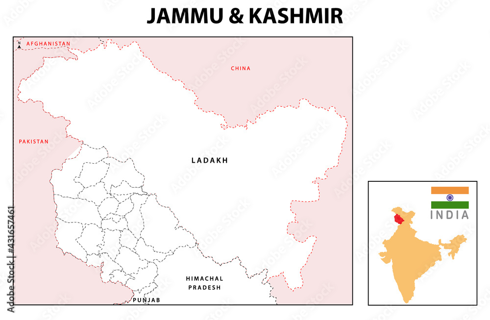 Jammu and Kashmir map. Jammu and Kashmir map with neighboring countries and border in outline.