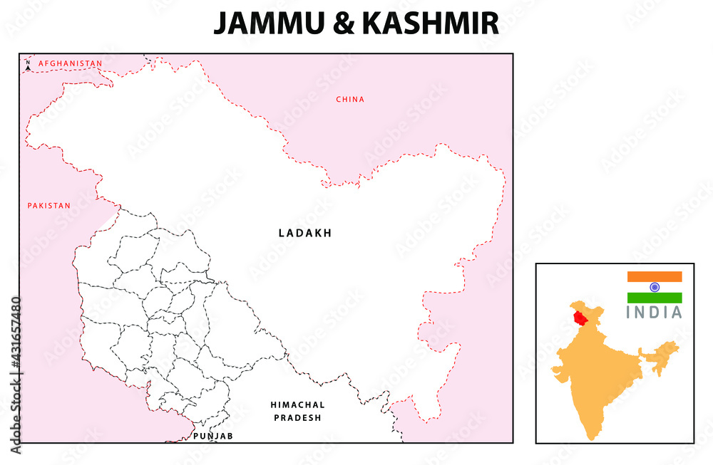 Jammu and Kashmir map. Jammu and Kashmir map with neighboring countries and border in outline.