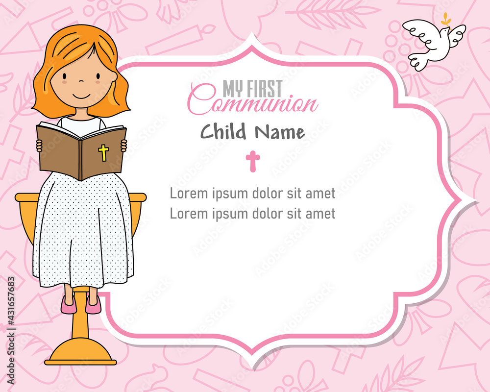 My first communion card. Girl reading the bible on top of a chalice. Frame with space for text My first communion card. Girl reading the bible on top of a chalice. Frame with space for text