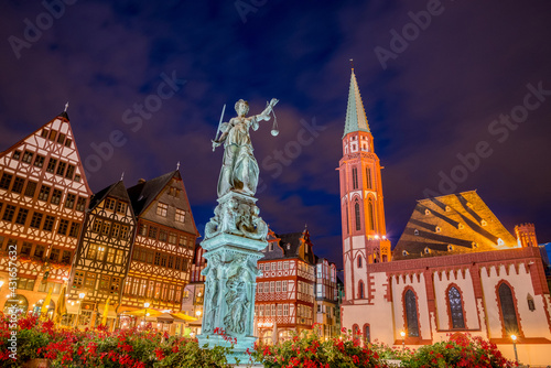 old town square romerberg with Justitia statue in Frankfurt Germany photo