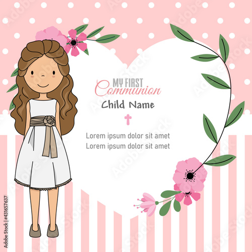 My first communion card. Girl with flower frame.