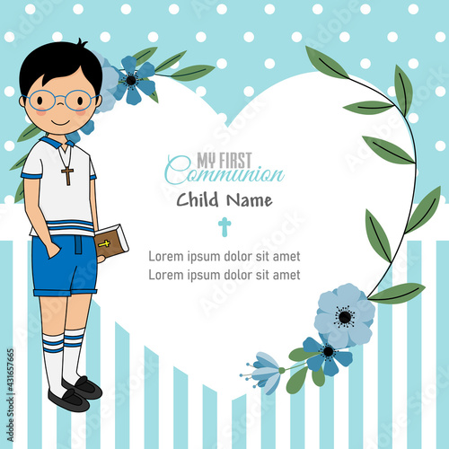 My first communion card. Boy with flower frame.