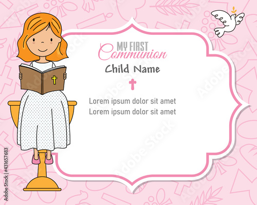 My first communion card. Girl reading the bible on top of a chalice. Frame with space for text
