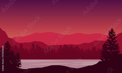 A realistic view of the mountains from the riverbank with the silhouettes of the surrounding trees. Vector illustration