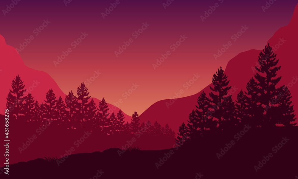 Mountain views with the dramatic forest under a beautiful night sky. Vector illustration