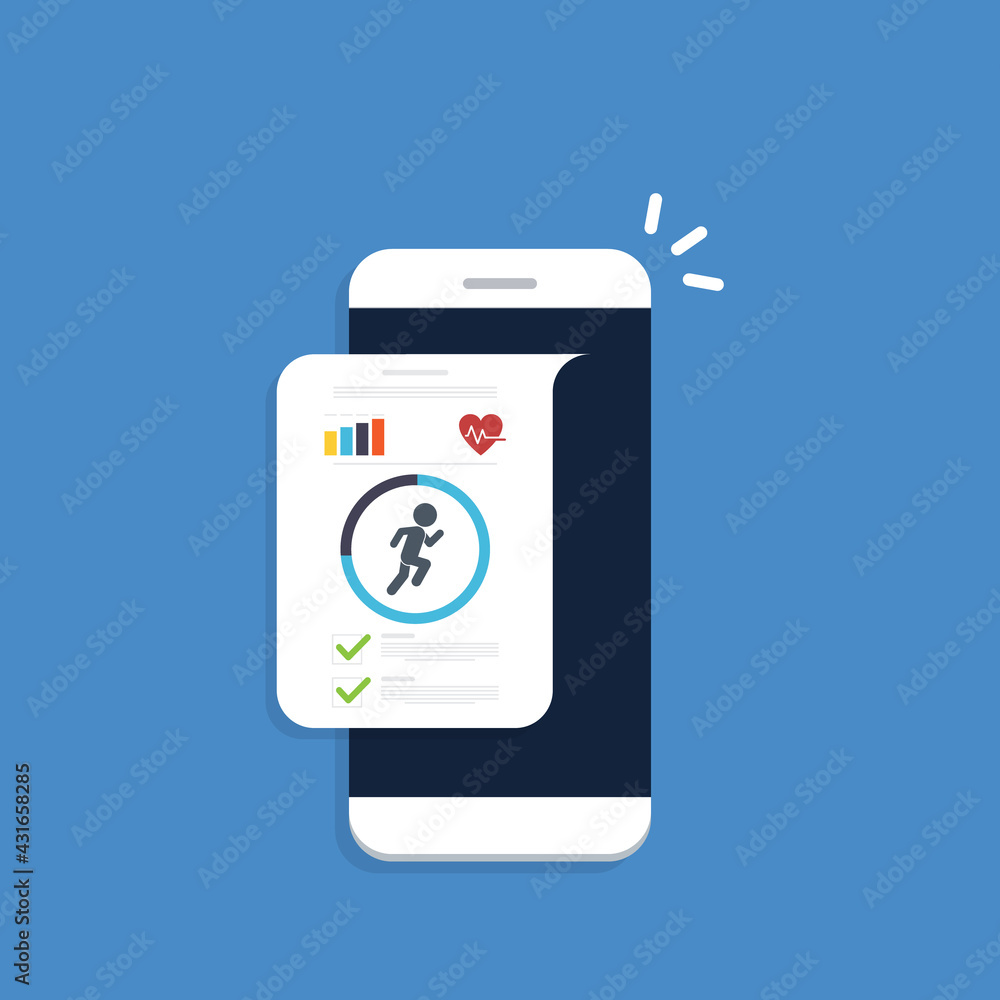 Fitness tracker, fitness tracking app on mobile phone screen. Fitness tracker, fitness tracking app on mobile phone screen.