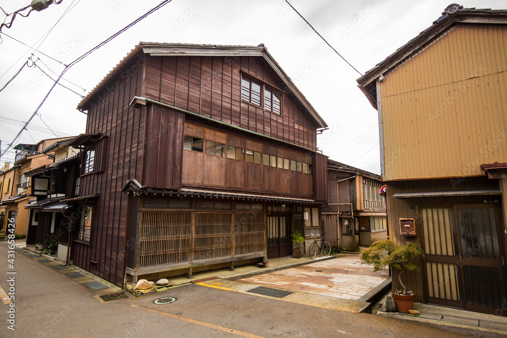 Beautifully preserved traditional houses and buildings. Edo district of ancient Japanese town Kanazawa. Japan's Samurai Town with quaint old streets.
