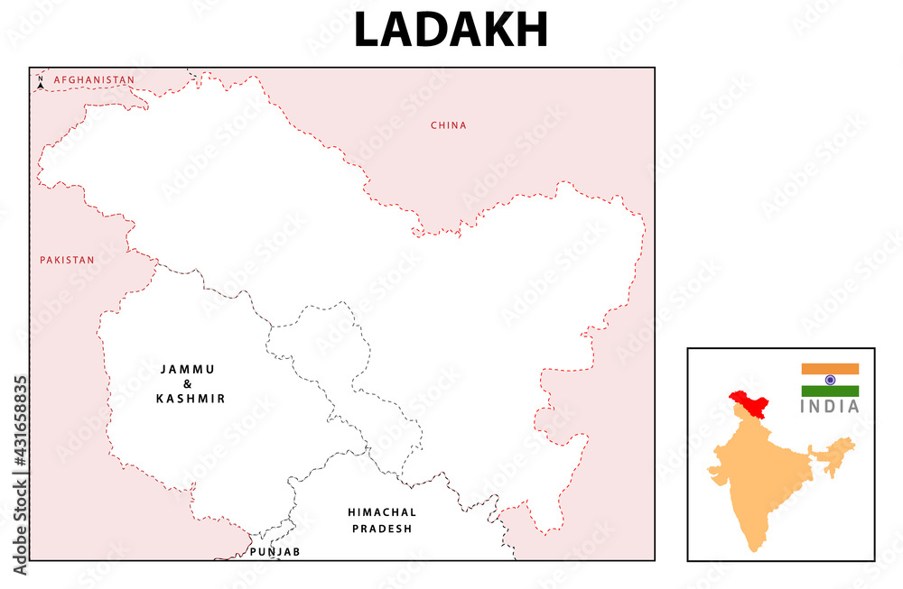 Ladakh map. Ladakh map with neighboring countries and border in outline.