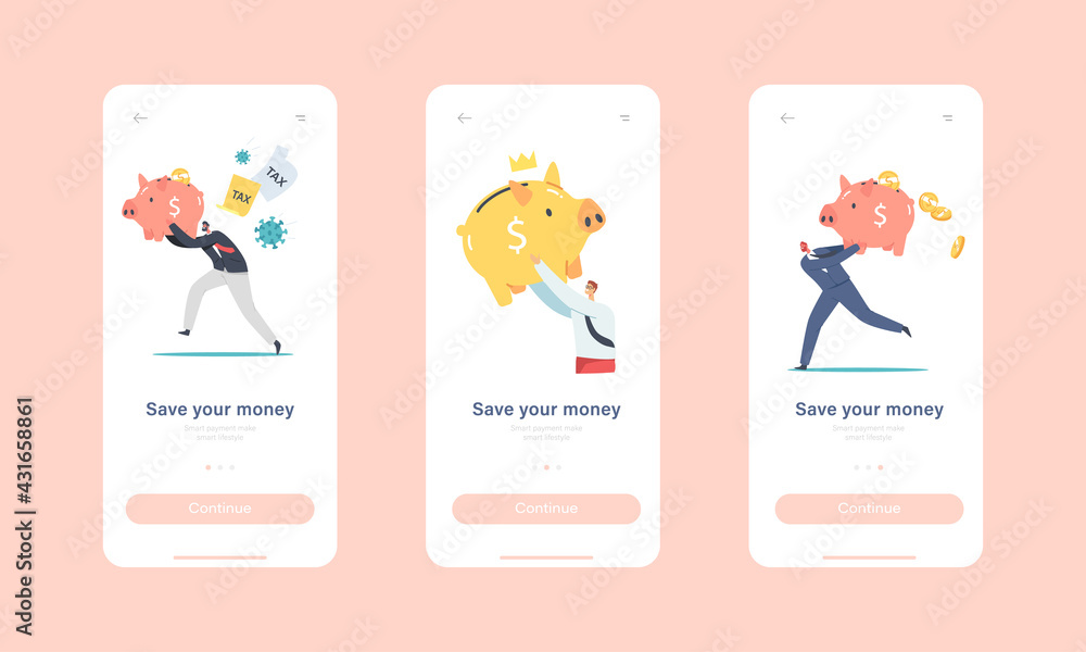 Save Your Money Mobile App Page Onboard Screen Template. Tiny Characters with Huge Piggy Bank. People Collect Money Save Your Money Mobile App Page Onboard Screen Template. Tiny Characters with Huge Piggy Bank. People Collect Money