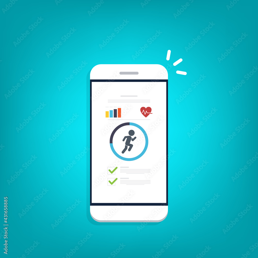 Fitness tracker, fitness tracking app on mobile phone screen.
Fitness tracker, fitness tracking app on mobile phone screen.