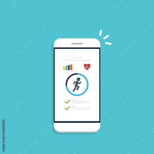 Fitness tracker, fitness tracking app on mobile phone screen. 