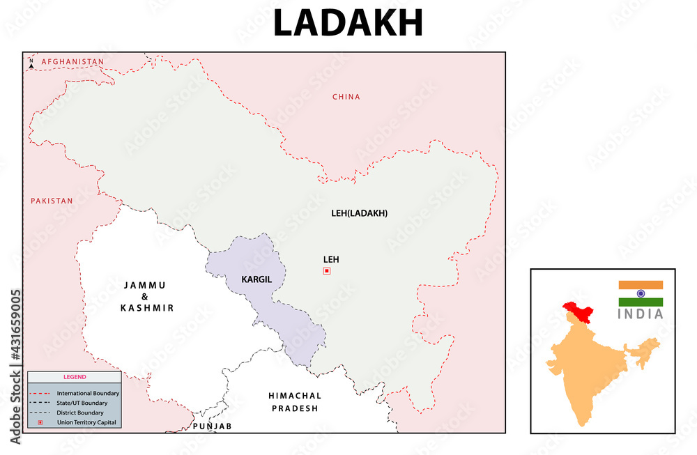 Ladakh map. Ladakh administrative and political map. Ladakh map with neighboring countries and border.