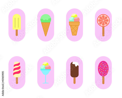 Set of ice cream icons  different varieties of frozen ice cream dessert. Ice cream lolly  popsicle  waffle cup sorbet  ice cream balls with syrup  glazed yoghurt dessert