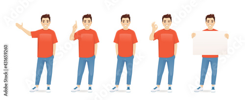 Young in casual clothes standing with different gestures set isolated vector illustration