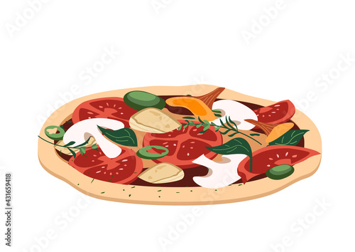 Mushroom Tasty pizza with champignons, chanterelles, mozzarella, Brie cheese, sauce, basil leaves and thick crust. Delicious Italian vegetarian food. Vector illustration isolated on white background