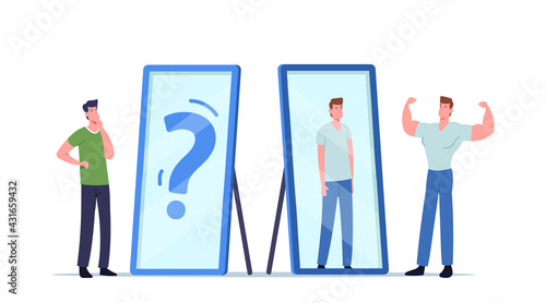 Low Self Esteem, Loathing and Anger Concept. Angry Athlete Man Show Muscles to Mirror See Weak Skinny Reflection of Body