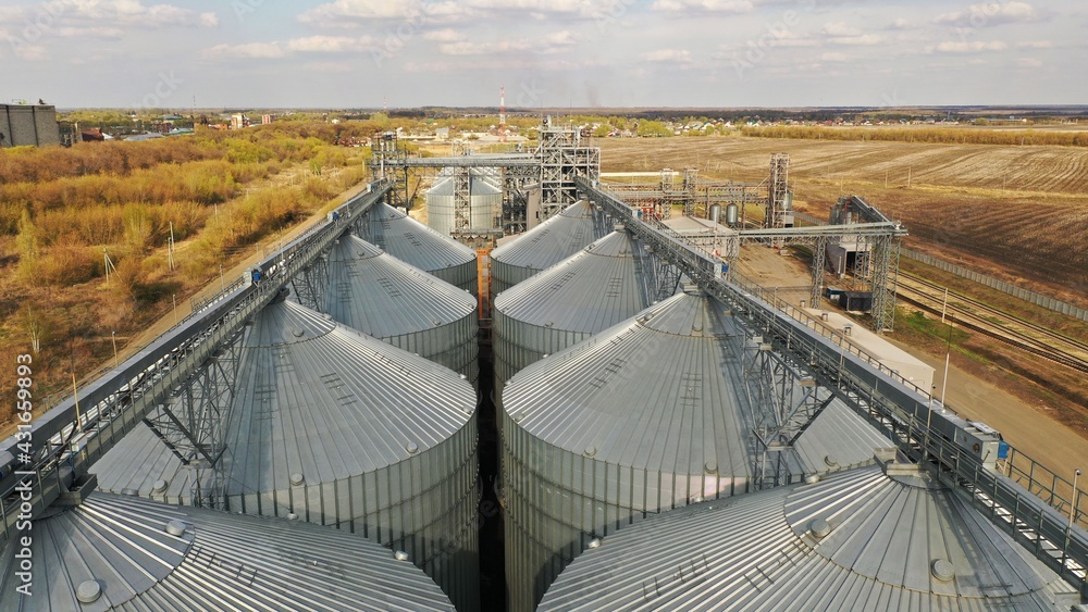Aerial view of grain storage elevators. Grain storage. Grain storage elevator in the USA.