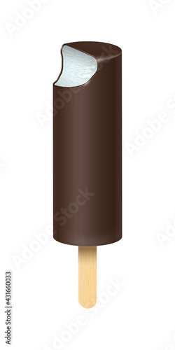 Bitten ice cream Eskimo vector illustration. Popsicles covered with chocolate with wooden stick isolated on white background