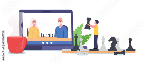 Family Characters Grandparents and Child Playing Chess Online. Distant Game via Internet Connection, Lockdown Recreation