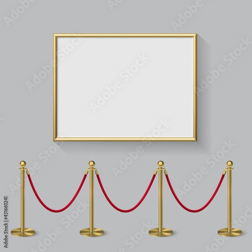 Golden frame for picture with gold stanchions barrier. Mock up template for famous painting vector illustration. Realistic scene with fence and wall indoor on white background