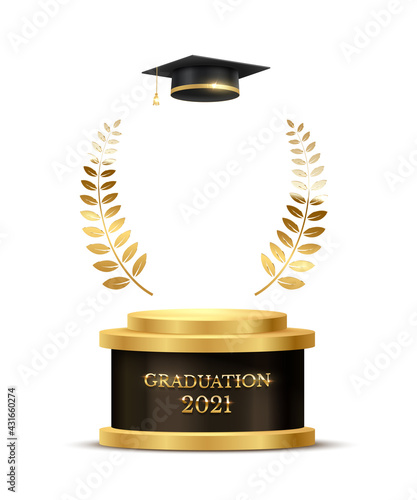 2021 graduation ceremony banner. Award concept with academic hat, golden podium and laurel wreath under shining glitter on dark background.