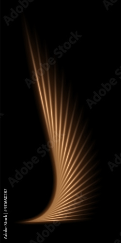 Gold light wings glowing on black background. Yellow bright flare lines shining vector illustration. Flash of light with ray beams and shade. Motion flow effects with blur