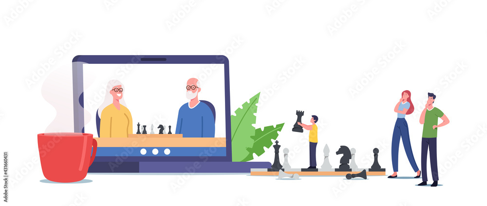 Family Characters Playing Chess. Parent, Grandparents or Child Distant Game via Internet Connection, Lockdown Recreation Family Characters Playing Chess. Parent, Grandparents or Child Distant Game via Internet Connection, Lockdown Recreation