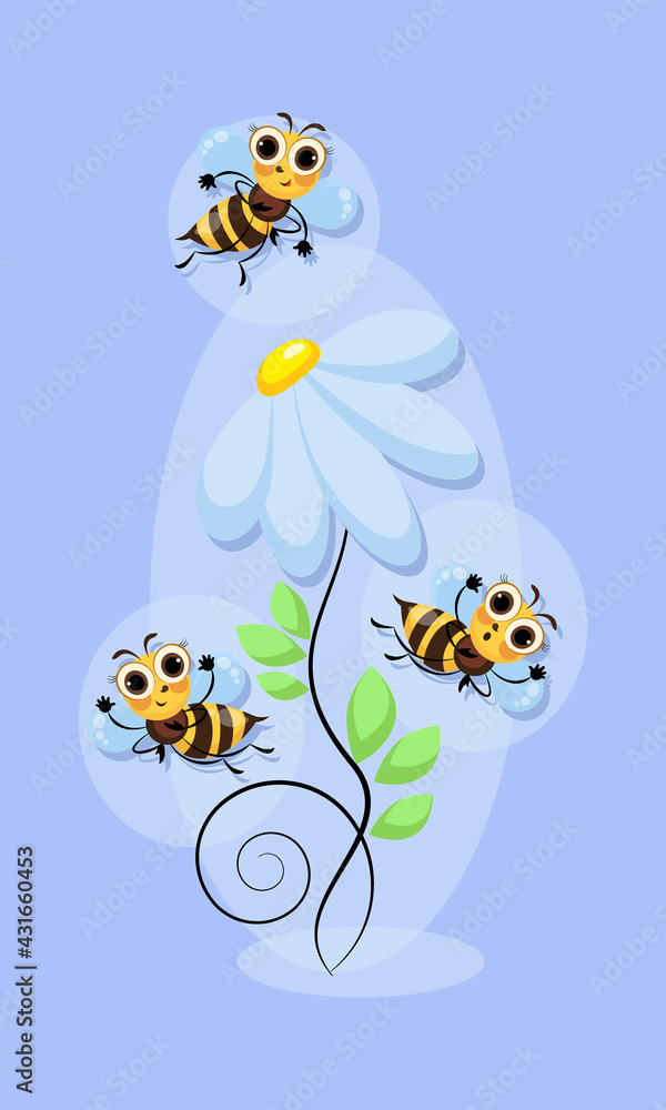 Cheerful bees swarm. Chamomile flower. World Bee Day. Bees honey swarming, fly in flower meadow. 