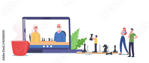 Family Characters Playing Chess. Parent, Grandparents or Child Distant Game via Internet Connection, Lockdown Recreation © Pavlo Syvak