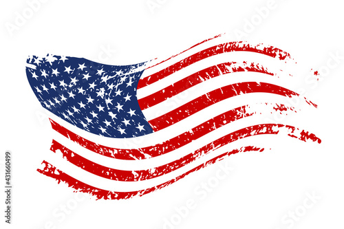 Grunge waving American flag isolated on white background. Scretched USA national symbol. Vector design element.