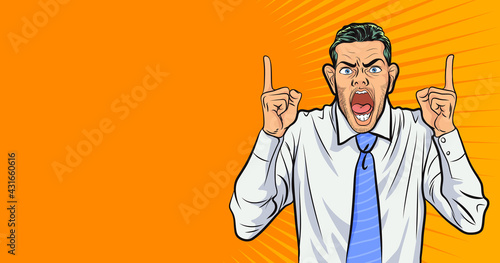 angry businessman pointing up and shouting