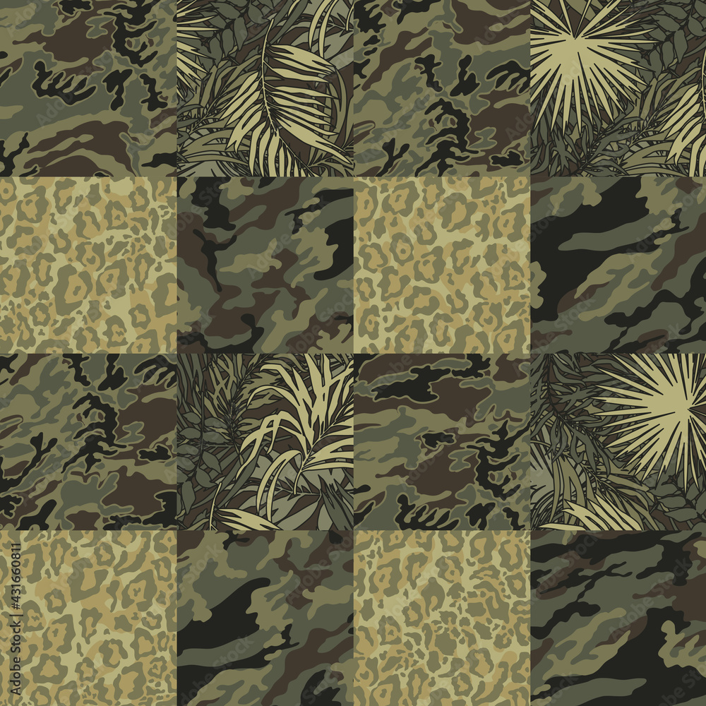 Mimetic camouflage with tropical leaves and leopard skin wallpaper  vector abstract patchwork seamless pattern - obrazy, fototapety, plakaty 