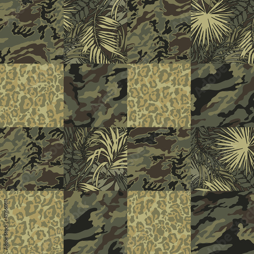 Mimetic camouflage with tropical leaves and leopard skin wallpaper  vector abstract patchwork seamless pattern
