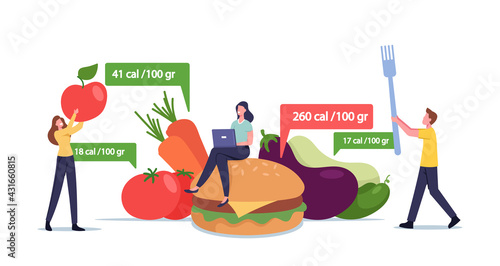 App for Nutrition and Dieting Concept. Tiny Male Female Characters at Huge Healthy and Unhealthy Meals Counting Calories