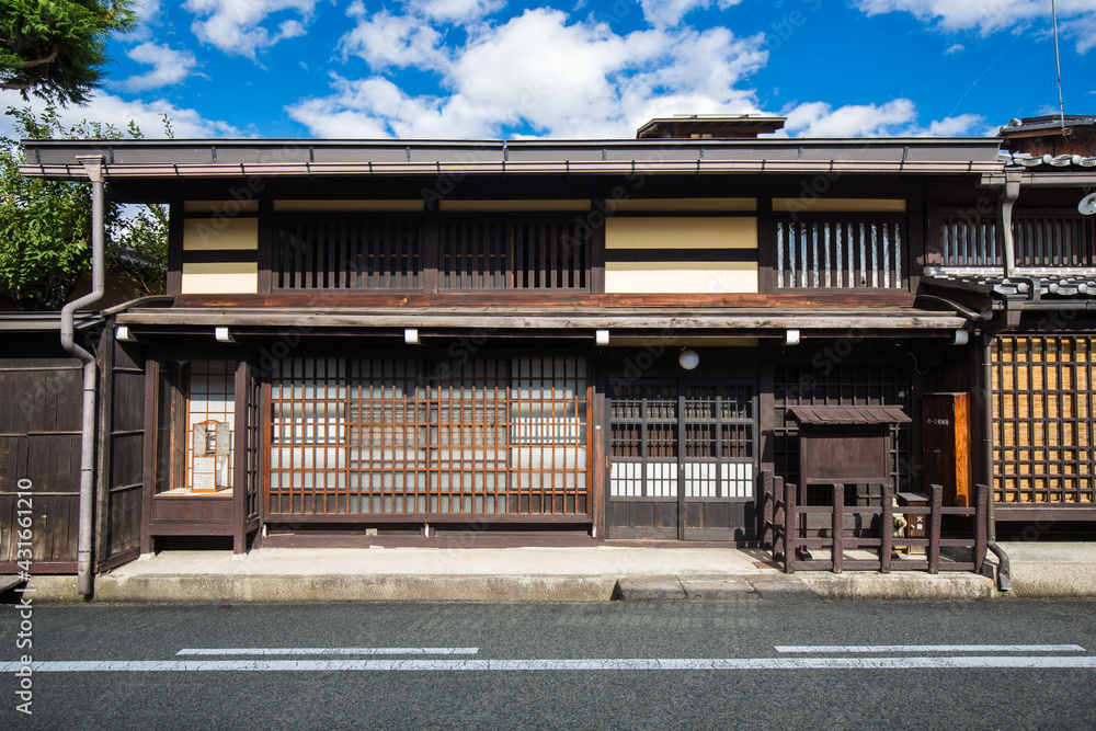 Traditional Japanese building architecture in historical Japanese old town of Takayama, Gifu, Japan.