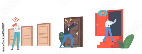 Set of Male and Female Characters at Doors Isolated on White Background. Woman Choose Entrance, Businessman Opportunity