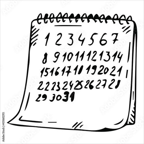 Vector calendar in doodle style. Spiral calendar.