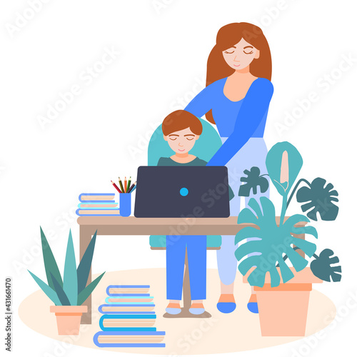 mother helps her son with his homework on a laptop. Teaching children online. Home classes. Mom explains to the boy how to perform. Vector illustration in a flat cartoon style.