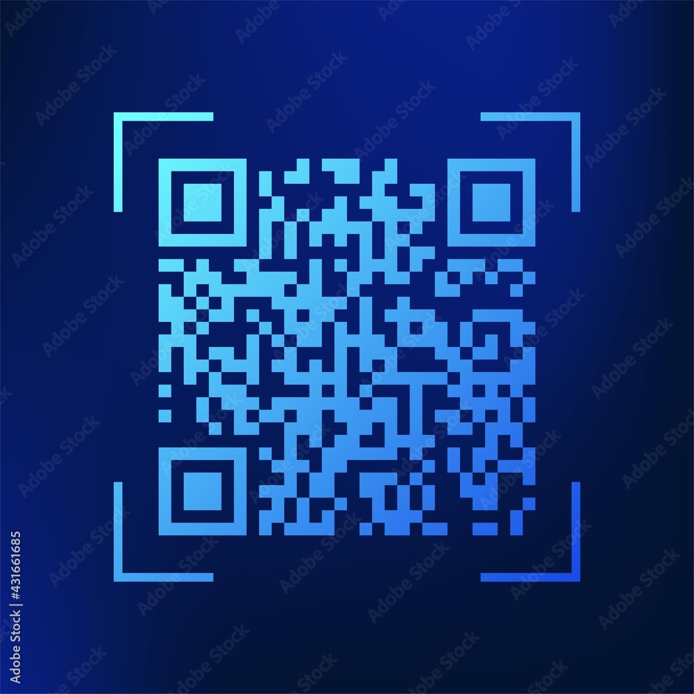Blue technology QR code symbol. Qrcode payment scanning vector icon Blue technology QR code symbol. Qrcode payment scanning vector icon