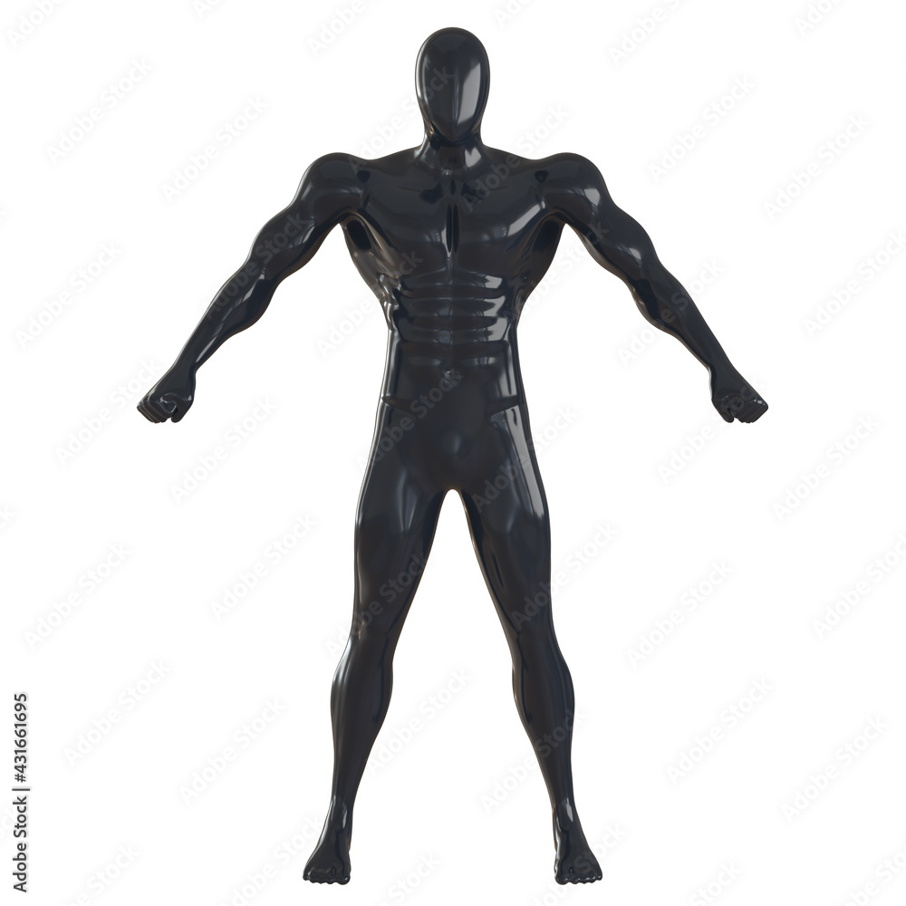 A black male muscular mannequin stands with legs wide apart and fists clenched. Front view. 3d rendering