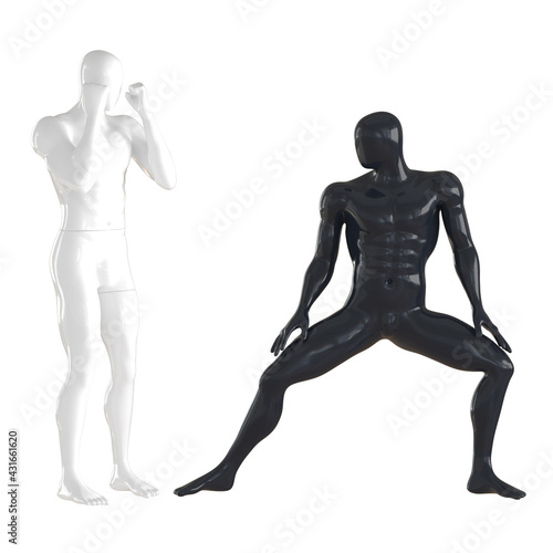 Two male faceless mannequins black and white in a pose of training fighters on an isolated background. 3d rendering