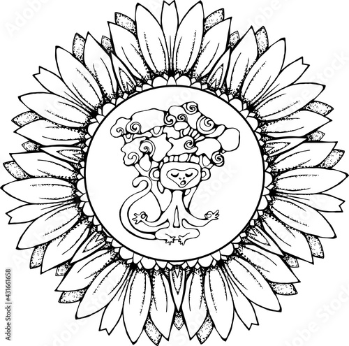 Cute monkey sitting under a tree in a meditative pose and sings ohm.