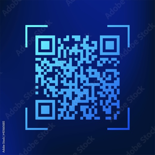 Blue technology QR code symbol. Qrcode payment scanning vector icon