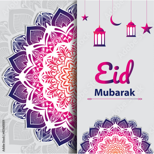 Eid mubarak islamic bright banner design. Eid Mubarak premium vector illustration with luxury design. Blue pink gradient eid mubarak background with star and moon. Islamic light design with white eid 