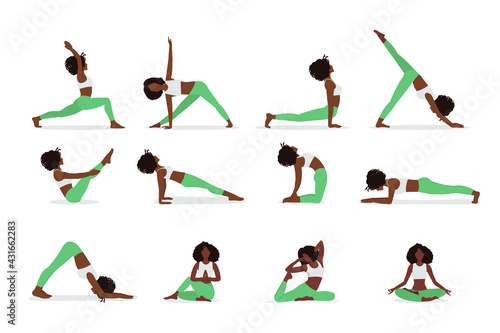 Set of poses African American yoga. Collection of female cartoon yoga positions isolated on white background. Full body yoga workout, eps 10