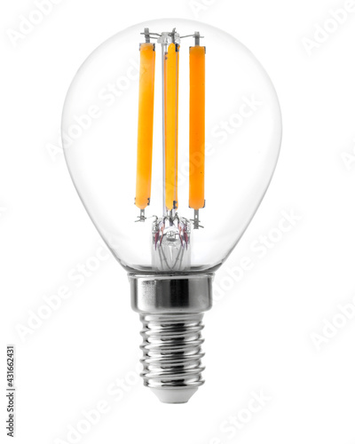 Energy efficient led filament Light Bulb Glowing isolated on white background.
