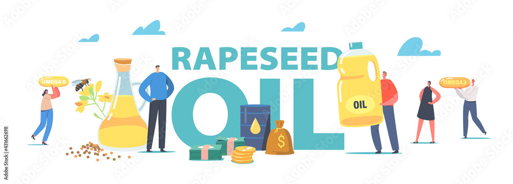 Rapeseed Oil Concept. Tiny Characters Carry Huge Capsules with Omega Fats near Glass Jar and Jug with Organic Product Rapeseed Oil Concept. Tiny Characters Carry Huge Capsules with Omega Fats near Glass Jar and Jug with Organic Product